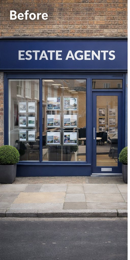 Shopfront glazing before window film — clear glass with glare and full visibility inside